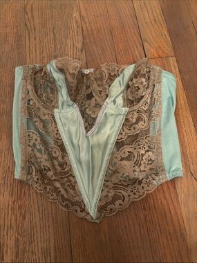 CHRISTIAN DIOR GALLIANO blue Satin and Taupe Lace Corset Top